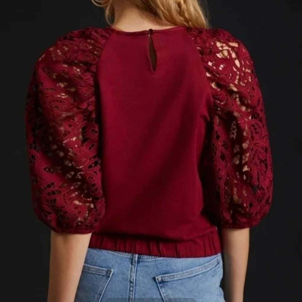 Dolan‎ Left Coast Anthropologie Lace Sleeve Top Burgundy Red Knit Blouse Sz S
